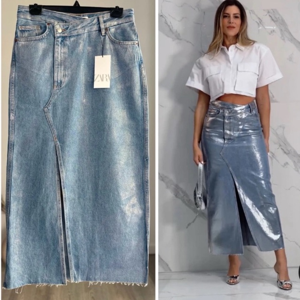 Zara Denim Asymmetrical Waistband Detail Sparkle Skirt 
Size :M